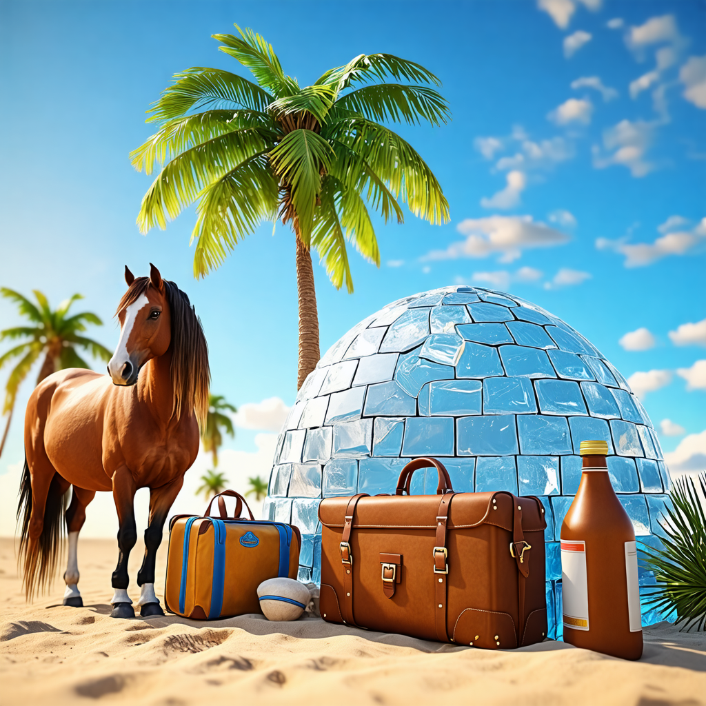 palm tree, horse, suitcase, bottle, igloo